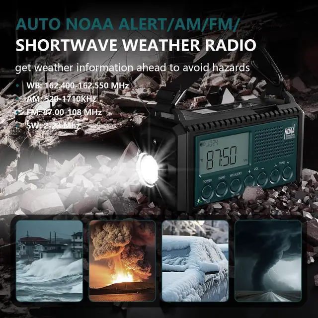 Alt view image 7 of 7 - Emergency Crank Weather Radio with NOAA Auto Alerts and Shortwave, 5000mAh | Solar Charging, AM/FM/SW, Flashlight, Reading Lamp, SOS Alarm, Phone Charger, Time Clock and Large LCD Display