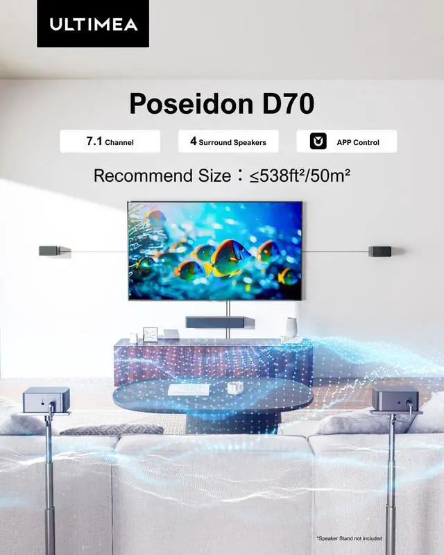 Alt view image 2 of 7 - 7.1ch Home Theater Surround Sound Bar with 4 Surround Speakers | Subwoofer, 410W Peak, Deep Bass, 7.1 Virtual Surround, App Control, HDMI ARC, Bluetooth, TV & Home Theater, Poseidon D70
