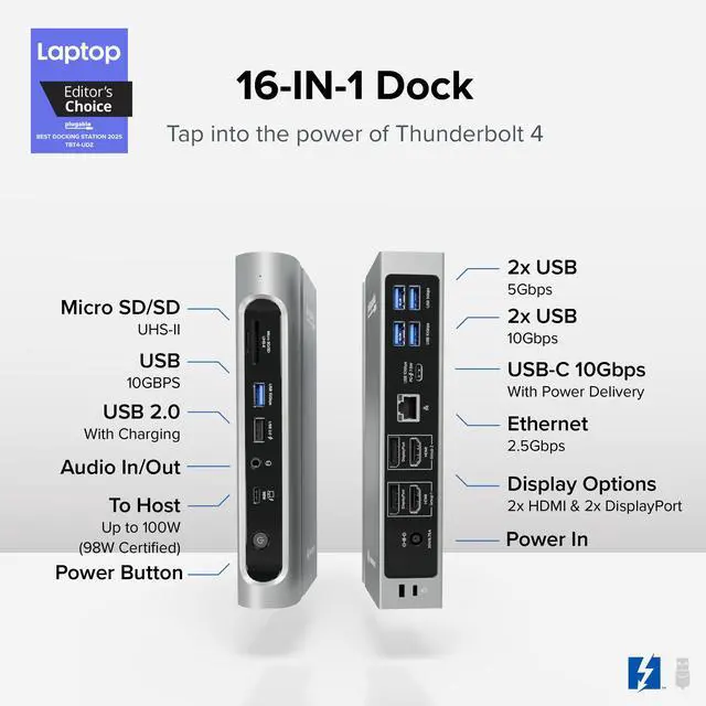 Alt view image 2 of 7 - 16-in-1 Thunderbolt 4 Dock Dual 4K Monitors for M4/M5 MacBook Air/Pro, 100W Charging, 2X HDMI, 2X DisplayPort, 2.5G Ethernet, 7X USB, MicroSD/SD Card Reader, Windows & USB4 Compatible