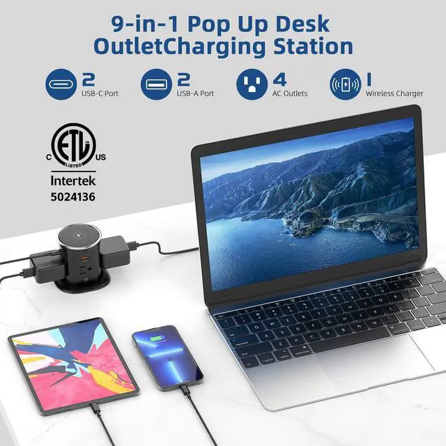 Alt view image 2 of 7 - Pop Up Countertop Outlet with 15W Wireless Charger,20W USB C Ports,Flush Mount Tamper Resistant,Recessed Grommet Receptacle,4 USB 4 Outlets,15A,1875W,ETL Listed,3.15in Hole,Black