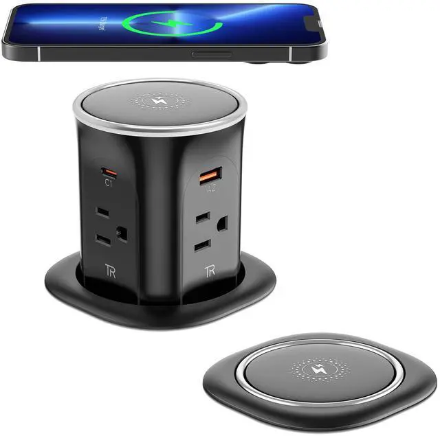 Main image of Pop Up Countertop Outlet with 15W Wireless Charger,20W USB C Ports,Flush Mount Tamper Resistant,Recessed Grommet Receptacle,4 USB 4 Outlets,15A,1875W,ETL Listed,3.15in Hole,Black