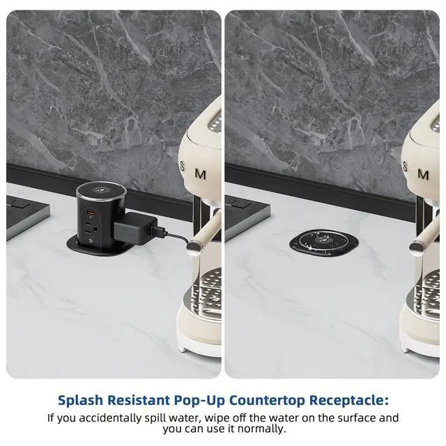 Alt view image 6 of 7 - Pop Up Countertop Outlet with 15W Wireless Charger,20W USB C Ports,Flush Mount Tamper Resistant,Recessed Grommet Receptacle,4 USB 4 Outlets,15A,1875W,ETL Listed,3.15in Hole,Black
