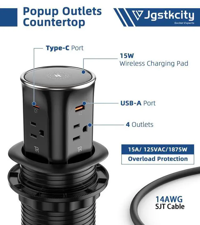 Alt view image 7 of 7 - Pop Up Countertop Outlet with 15W Wireless Charger,20W USB C Ports,Flush Mount Tamper Resistant,Recessed Grommet Receptacle,4 USB 4 Outlets,15A,1875W,ETL Listed,3.15in Hole,Black