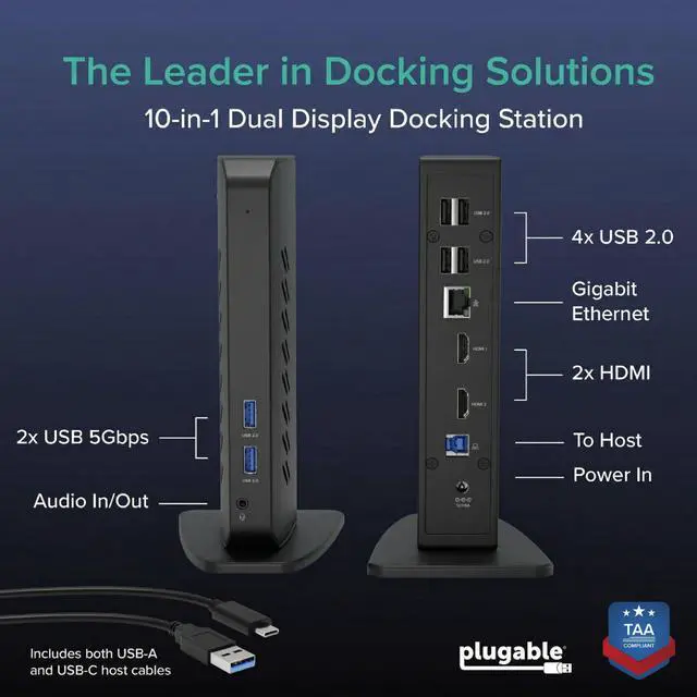 Alt view image 2 of 7 - Dual 1080p HDMI Universal Docking Station for USB-C & USB 3.0 Laptop, 10 Ports, Windows/ChromeOS Plug & Play, macOS Driver Required (UD-3900Z)