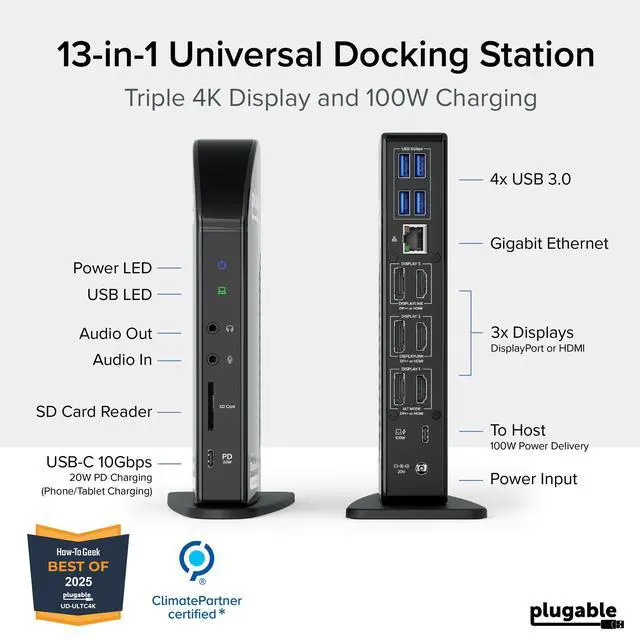 Alt view image 2 of 7 - 13-in-1 USB C Docking Station 4K Triple Monitor with 100W Power Delivery | USB C Dock for Windows, Mac, ChromeOS, Thunderbolt | Driver Required | 3X HDMI and 3X DisplayPort (UD-ULTC4K)