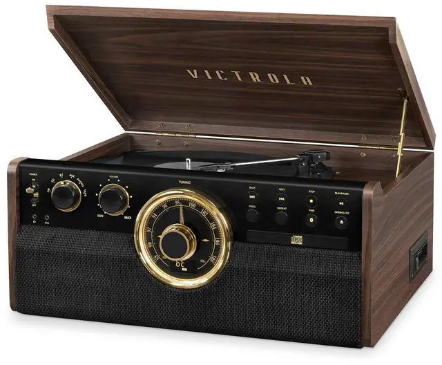 Main image of Empire - Wood 6-in-1 Bluetooth Record Player - Espresso | Mid-century wood music center plays vinyl, CD, cassette, FM radio and aux, built-in stereo speakers, RCA out, headphone jack