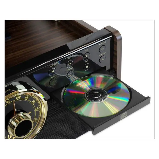 Alt view image 2 of 4 - Empire - Wood 6-in-1 Bluetooth Record Player - Espresso | Mid-century wood music center plays vinyl, CD, cassette, FM radio and aux, built-in stereo speakers, RCA out, headphone jack