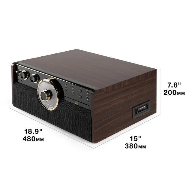 Alt view image 3 of 4 - Empire - Wood 6-in-1 Bluetooth Record Player - Espresso | Mid-century wood music center plays vinyl, CD, cassette, FM radio and aux, built-in stereo speakers, RCA out, headphone jack
