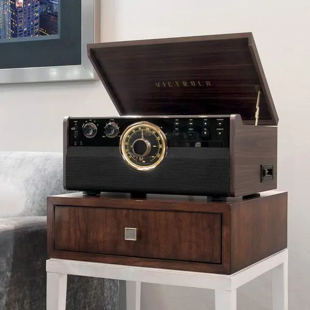 Alt view image 4 of 4 - Empire - Wood 6-in-1 Bluetooth Record Player - Espresso | Mid-century wood music center plays vinyl, CD, cassette, FM radio and aux, built-in stereo speakers, RCA out, headphone jack