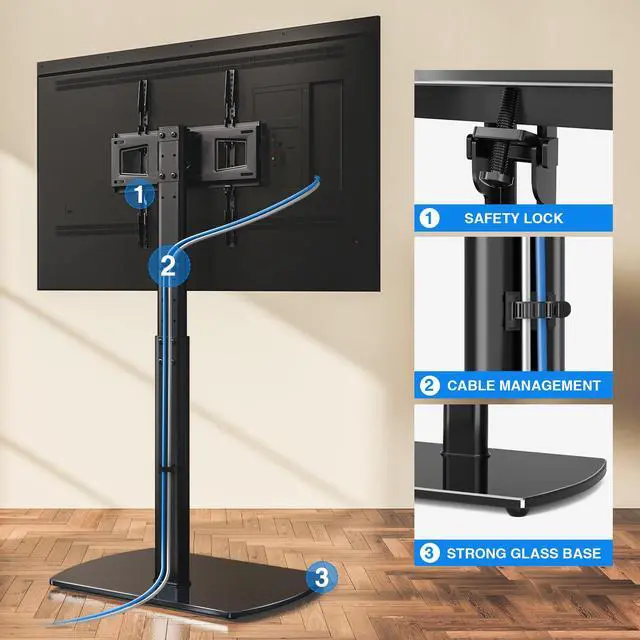 Alt view image 6 of 7 - Universal TV Floor Stand with Mount for 27-70 Inch LCD LED OLED TVs, Swivel Height Adjustable Tall TV Stand, Space Saving Design for Corner Bedroom Living Room, Black