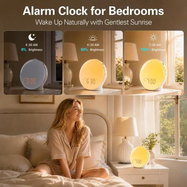 Alt view image 2 of 7 - Full Screen Dimmer Sunrise Alarm Clocks for Bedrooms, Wake Up Light with FM Radio, 25 White Noise Sleep Sounds, Bluetooth Speaker, Dual Alarms Bedside Clock for Heavy Sleepers