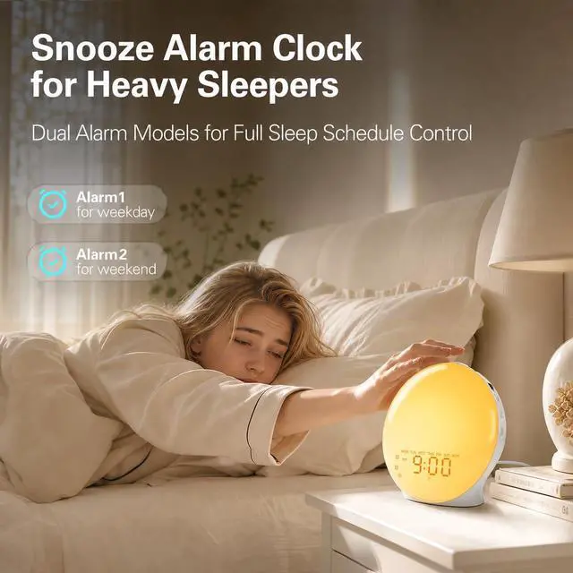 Alt view image 3 of 7 - Full Screen Dimmer Sunrise Alarm Clocks for Bedrooms, Wake Up Light with FM Radio, 25 White Noise Sleep Sounds, Bluetooth Speaker, Dual Alarms Bedside Clock for Heavy Sleepers