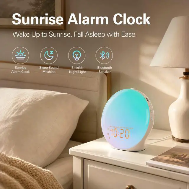 Alt view image 4 of 7 - Full Screen Dimmer Sunrise Alarm Clocks for Bedrooms, Wake Up Light with FM Radio, 25 White Noise Sleep Sounds, Bluetooth Speaker, Dual Alarms Bedside Clock for Heavy Sleepers