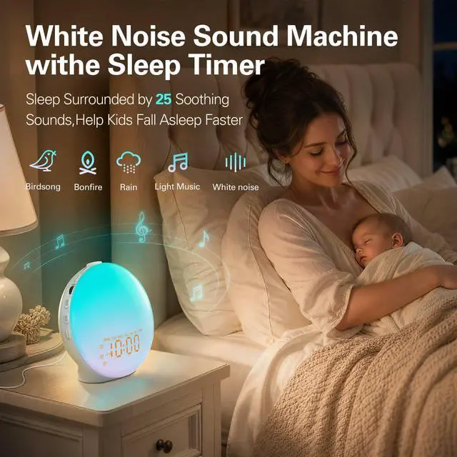 Alt view image 5 of 7 - Full Screen Dimmer Sunrise Alarm Clocks for Bedrooms, Wake Up Light with FM Radio, 25 White Noise Sleep Sounds, Bluetooth Speaker, Dual Alarms Bedside Clock for Heavy Sleepers
