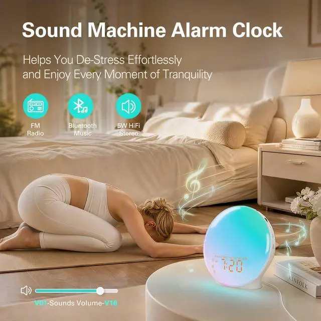 Alt view image 7 of 7 - Full Screen Dimmer Sunrise Alarm Clocks for Bedrooms, Wake Up Light with FM Radio, 25 White Noise Sleep Sounds, Bluetooth Speaker, Dual Alarms Bedside Clock for Heavy Sleepers