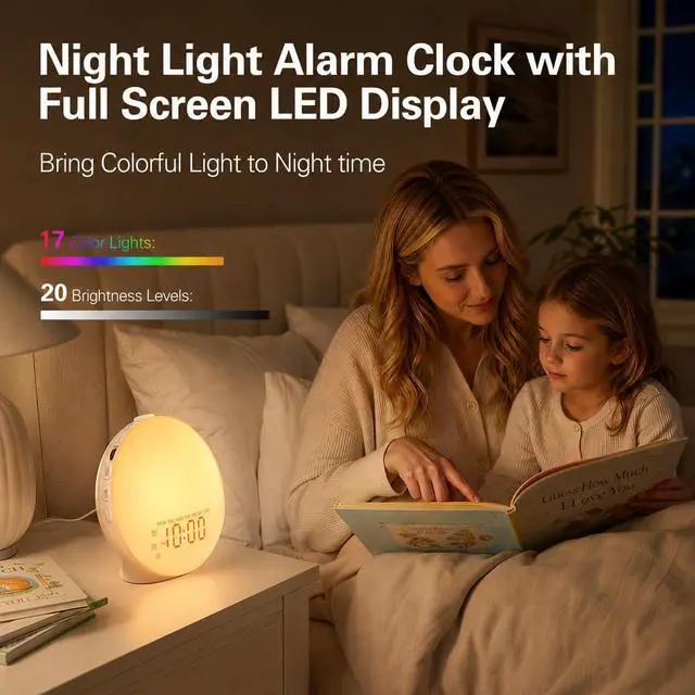 Alt view image 6 of 7 - Full Screen Dimmer Sunrise Alarm Clocks for Bedrooms, Wake Up Light with FM Radio, 25 White Noise Sleep Sounds, Bluetooth Speaker, Dual Alarms Bedside Clock for Heavy Sleepers