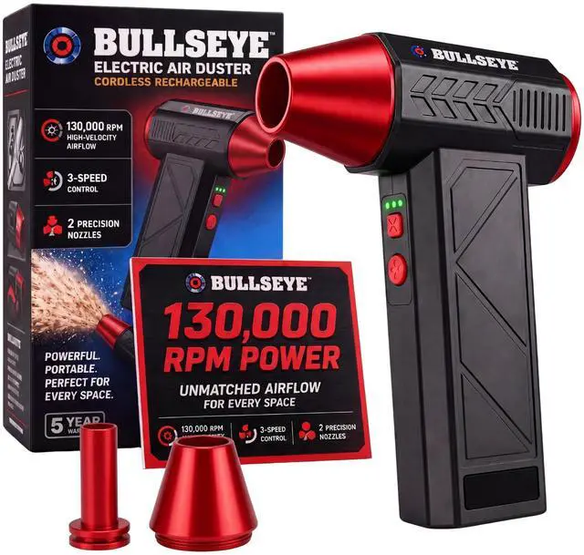 Main image of BULLSEYE Blaster 130000 RPM Electric Air Duster, Rechargeable Cordless Compressed Air Blower for Computer Cleaning, Keyboard, Electronics, Car Detailing, 3 Speed Turbo, 2 Nozzles As Seen on TV