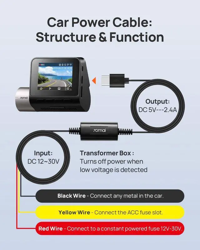 Alt view image 5 of 6 - Type-C Hardwire Kit UP03 for Dash Cams, 10ft, 12V-30V to 5V/2.4A, Low Voltage Protection 11.8V, 24 Hour Parking Surveillance Power Supply for M310/M500/A510/A500S/A810/X800/A810 Lite Car Cameras