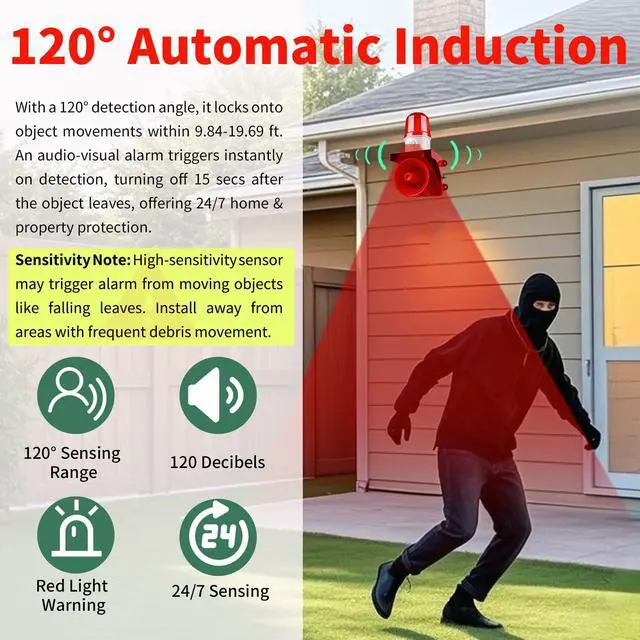 Alt view image 2 of 5 - Motion Sensor Alarm with Human Detection,120dB Adjustable Siren & LED Strobe Lights Outdoor Security Alarm for Home Theft,Animal Intrusion,Garden Protection,Property Protection,AC110V with Plug