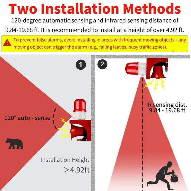 Alt view image 3 of 5 - Motion Sensor Alarm with Human Detection,120dB Adjustable Siren & LED Strobe Lights Outdoor Security Alarm for Home Theft,Animal Intrusion,Garden Protection,Property Protection,AC110V with Plug