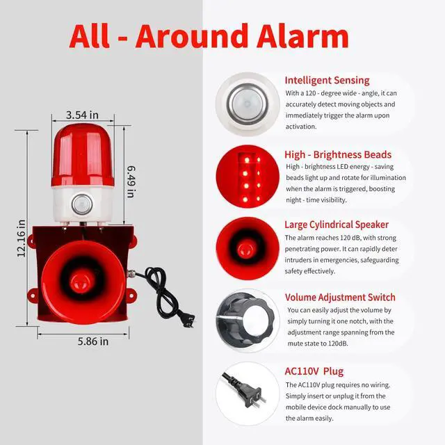 Alt view image 4 of 5 - Motion Sensor Alarm with Human Detection,120dB Adjustable Siren & LED Strobe Lights Outdoor Security Alarm for Home Theft,Animal Intrusion,Garden Protection,Property Protection,AC110V with Plug