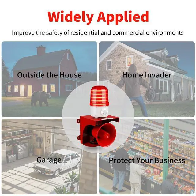 Alt view image 5 of 5 - Motion Sensor Alarm with Human Detection,120dB Adjustable Siren & LED Strobe Lights Outdoor Security Alarm for Home Theft,Animal Intrusion,Garden Protection,Property Protection,AC110V with Plug