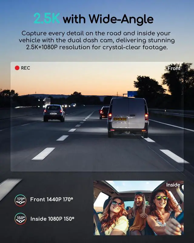 Alt view image 2 of 7 - Dual Dash Cam 2.5K+1080P, Dash Cam Front and Inside, Built-in GPS and WI-FI, Dash Camera for Cars, Perfect for Uber and Taxi Drivers, Night Vision, Accident Record, 24Hr Parking Mode