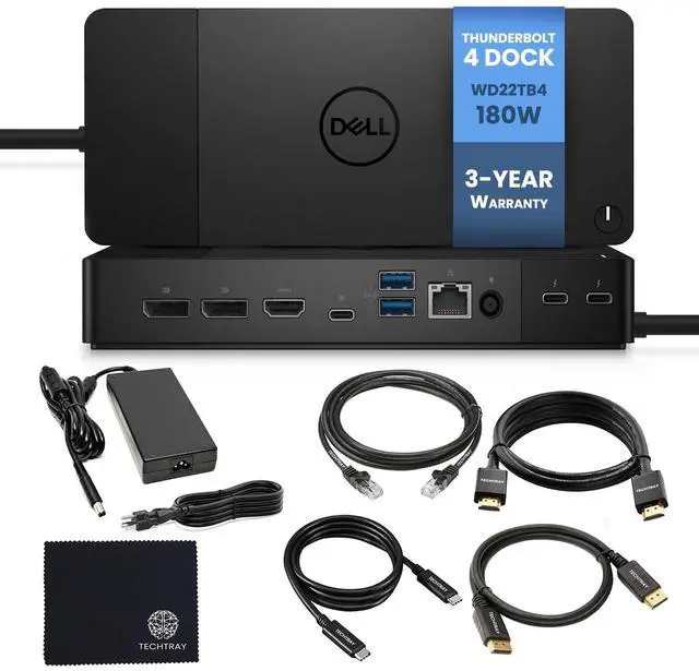 Main image of Dell WD22TB4 Thunderbolt 4 Dock 180W - 40Gbps, USB-C Dell Docking Station with 180W Adapter + Cables & Cloth - Supports Dual/Triple Monitor & 4K Displays (New)