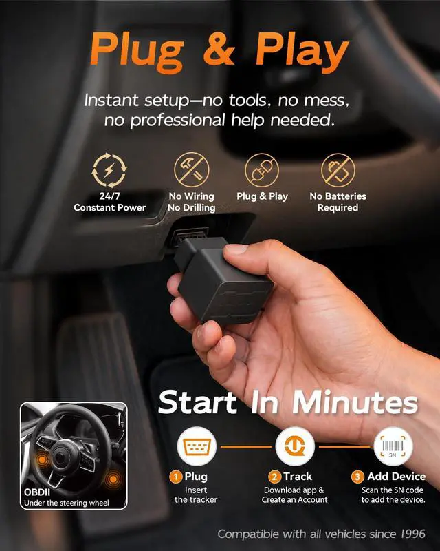 Alt view image 3 of 7 - OBD GPS Tracker for Vehicles, No Subscription, No Monthly Fees | Global 4G LTE, Real-Time Location,Built-in SIM, Data Plan Included, Plug & Play Car Tracker, Geofence Alerts, Cars & Fleets