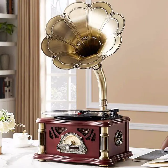 Main image of Vintage Gramophone with Bluetooth Input Vintage Record Players Retro Gramophone Turntables for 7" 9" 12" Vinyl Records 3 Speed, Hi-Fi, Handcrafted by Pure Oak (Walnut)