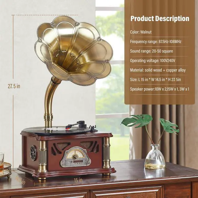 Alt view image 4 of 7 - Vintage Gramophone with Bluetooth Input Vintage Record Players Retro Gramophone Turntables for 7" 9" 12" Vinyl Records 3 Speed, Hi-Fi, Handcrafted by Pure Oak (Walnut)