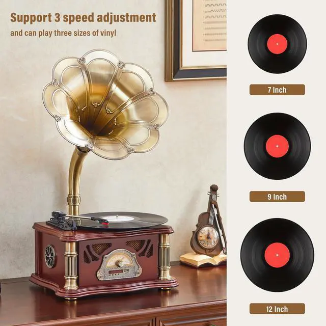 Alt view image 5 of 7 - Vintage Gramophone with Bluetooth Input Vintage Record Players Retro Gramophone Turntables for 7" 9" 12" Vinyl Records 3 Speed, Hi-Fi, Handcrafted by Pure Oak (Walnut)