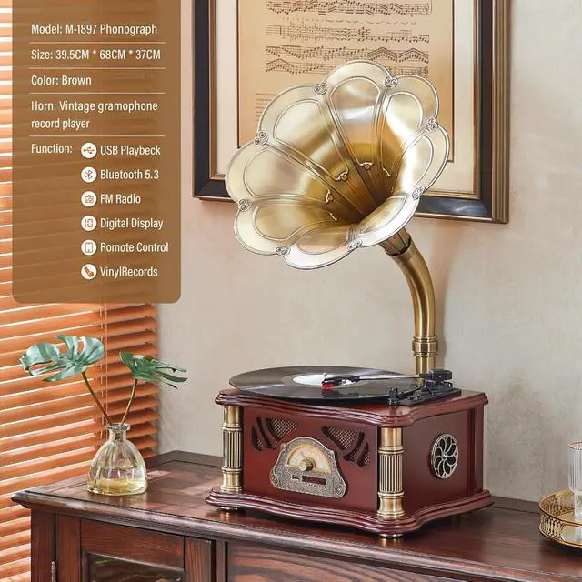 Alt view image 3 of 7 - Vintage Gramophone with Bluetooth Input Vintage Record Players Retro Gramophone Turntables for 7" 9" 12" Vinyl Records 3 Speed, Hi-Fi, Handcrafted by Pure Oak (Walnut)
