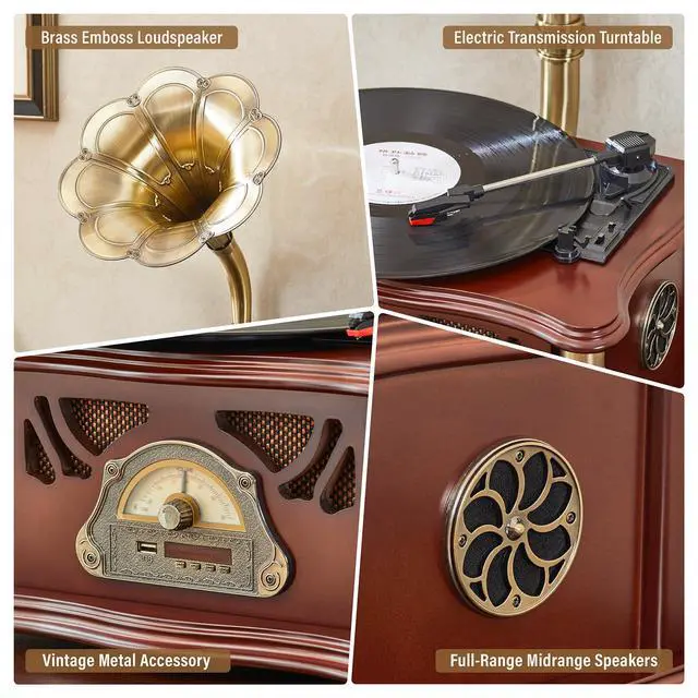 Alt view image 7 of 7 - Vintage Gramophone with Bluetooth Input Vintage Record Players Retro Gramophone Turntables for 7" 9" 12" Vinyl Records 3 Speed, Hi-Fi, Handcrafted by Pure Oak (Walnut)