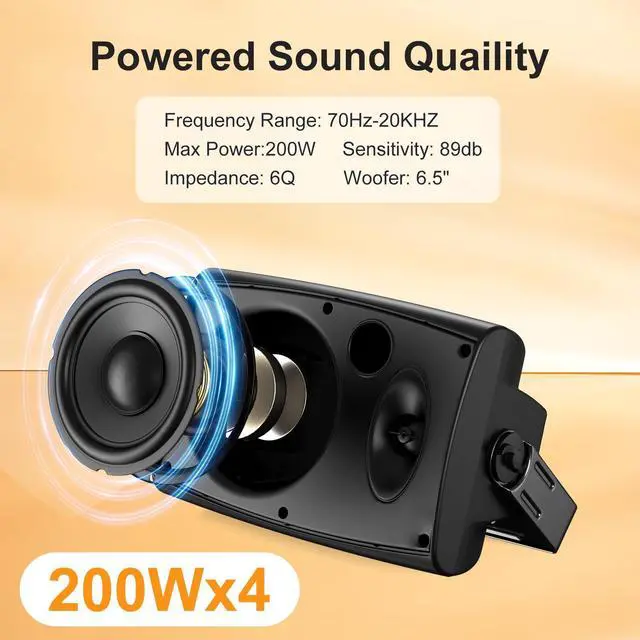 Alt view image 3 of 7 - 6.5 Inch Max 800W Outdoor Bluetooth Speakers Waterproof Wired with Multifunctional Amplifier Wall Mount Outdoor Speaker System for Patio Garden Poolside Home(4 Speakers,Black)