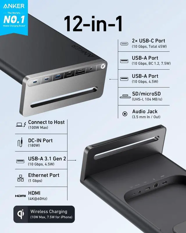 Alt view image 2 of 6 - 675 USB-C Docking Station, 12-in-1 Monitor Stand, Wireless Charging | 2 USB-C 10Gbps and 3 USB-A 10Gbps Ports, 4K@60Hz HDMI, Ethernet, SD/TF Card Reader, for ThinkPad, MacBook Pro and More