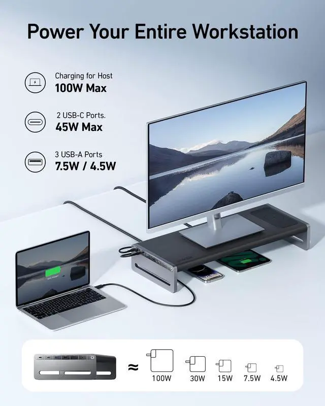Alt view image 5 of 6 - 675 USB-C Docking Station, 12-in-1 Monitor Stand, Wireless Charging | 2 USB-C 10Gbps and 3 USB-A 10Gbps Ports, 4K@60Hz HDMI, Ethernet, SD/TF Card Reader, for ThinkPad, MacBook Pro and More