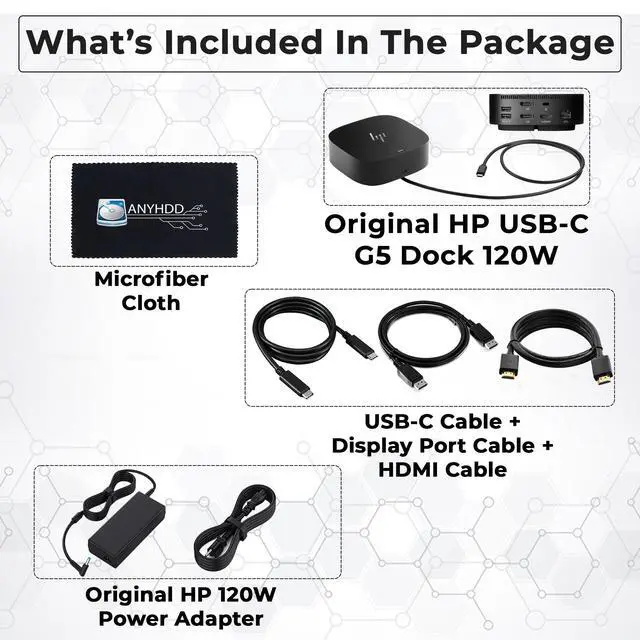 Alt view image 2 of 7 - HP Docking Station for Laptop Dual Monitor and Charging Bundle - HP USB-C G5 Dock 5TW10AA / 5TW10UT / 5TW10AA#ABB with 120W Adapter, HDMI, DisplayPort, USB-C Cables & Microfiber Cleaning Cloth