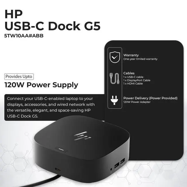 Alt view image 3 of 7 - HP Docking Station for Laptop Dual Monitor and Charging Bundle - HP USB-C G5 Dock 5TW10AA / 5TW10UT / 5TW10AA#ABB with 120W Adapter, HDMI, DisplayPort, USB-C Cables & Microfiber Cleaning Cloth