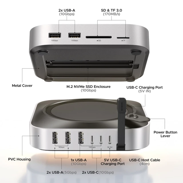 Alt view image 3 of 7 - Mac mini M4 Dock & Stand with NVMe SSD Enclosure 3 USB A 10Gbps, USB C Data Port, SD Card Reader for Mac mini M4/ M4 Pro