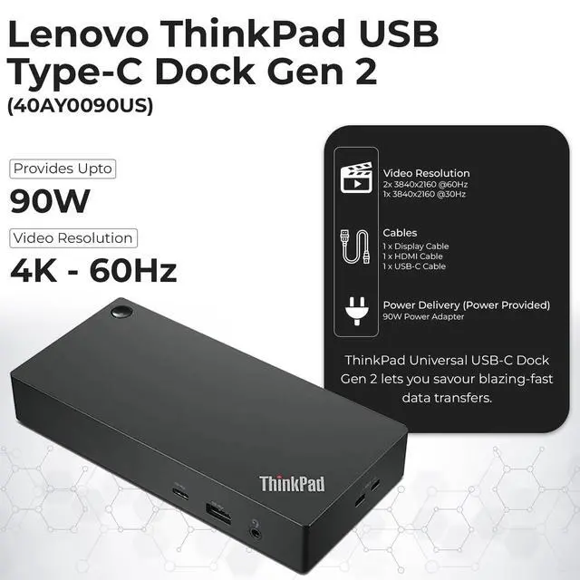 Alt view image 3 of 7 - 40AY0090US Lenovo Thinkpad Docking Station Dual Monitor - Supports 4K Display, Thinkpad Dock with 90W Adapter, HDMI, DisplayPort, USB C Cables & Cloth - Lenovo Docking Station