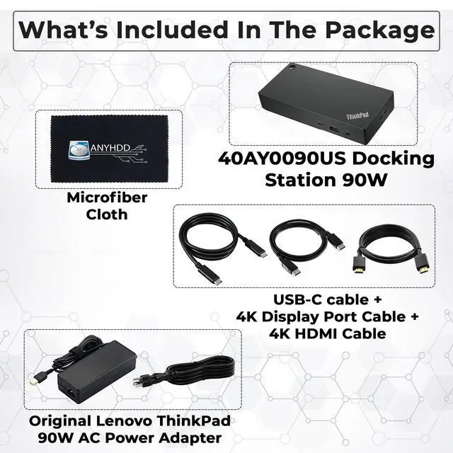 Alt view image 2 of 7 - 40AY0090US Lenovo Thinkpad Docking Station Dual Monitor - Supports 4K Display, Thinkpad Dock with 90W Adapter, HDMI, DisplayPort, USB C Cables & Cloth - Lenovo Docking Station
