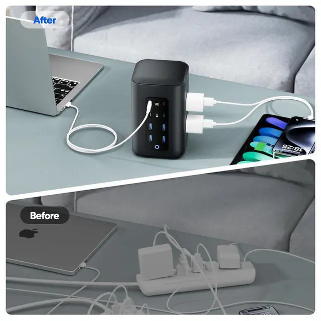Alt view image 7 of 7 - Power Strip Tower, 230W Charging Station with Multiple Devices | 6 AC Outlets & 8 USB Ports(4 USB-C), Flat Plug, Black, 5 FT Extension Cord for Home Office, Dorm Essentials