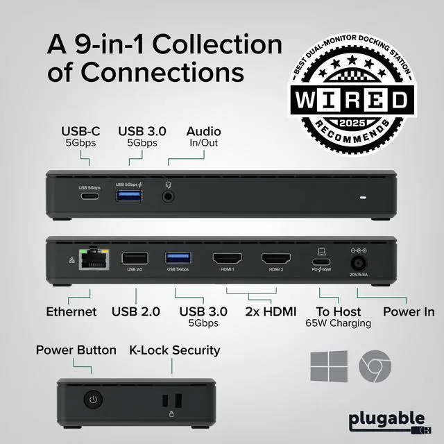 Alt view image 2 of 7 - USB-C Docking Station Dual Monitor 4K 60Hz (2×HDMI), 65W Charging, Gigabit Ethernet, USB-C & 3×USB-A 5Gbps, Audio, Driverless for Windows/ChromeOS (UD-MSTH2)