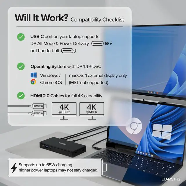 Alt view image 5 of 7 - USB-C Docking Station Dual Monitor 4K 60Hz (2×HDMI), 65W Charging, Gigabit Ethernet, USB-C & 3×USB-A 5Gbps, Audio, Driverless for Windows/ChromeOS (UD-MSTH2)