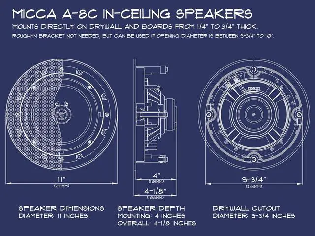 Alt view image 3 of 6 - 8-Inch 2-Way in-Ceiling/in-Wall Speakers, 4-Pack, Paintable, White | 9.75-Inch Cutout, Whole House Audio, Home Theater, Indoor or Covered Outdoor, 8" Woofer, 0.5" Tweeter, Low Profile Grille