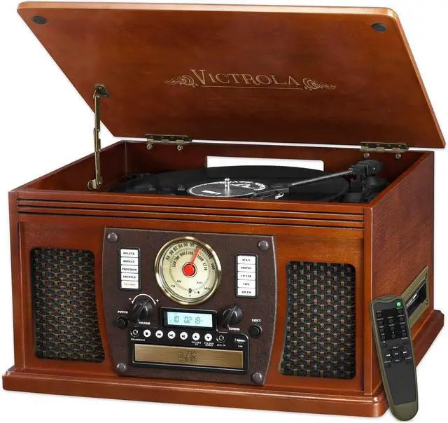 Main image of Navigator - 8-in-1 Bluetooth Record Player - Mahogany | Real wood cabinet plays vinyl, CD, cassette, FM radio, USB and aux, built-in speakers, remote control included