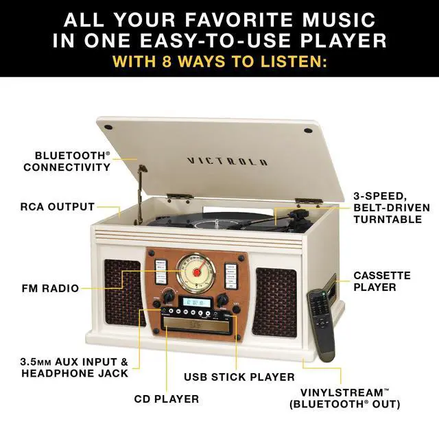 Alt view image 2 of 7 - Navigator - 8-in-1 Bluetooth Record Player - Mahogany | Real wood cabinet plays vinyl, CD, cassette, FM radio, USB and aux, built-in speakers, remote control included