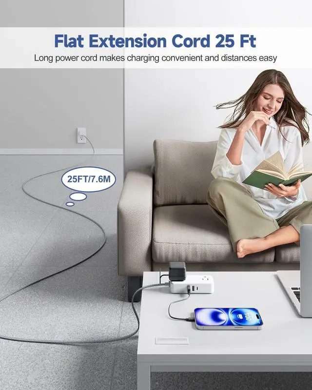 Alt view image 2 of 7 - Flat Plug 25 FT Extension Cord with 4 AC Outlets | Long Braided Extension Cord, 3 USB Ports (5V/3.4A 17W) for Home Office Dorm