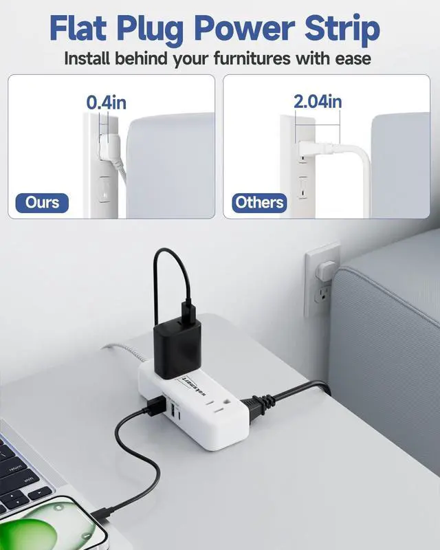 Alt view image 3 of 7 - Flat Plug 25 FT Extension Cord with 4 AC Outlets | Long Braided Extension Cord, 3 USB Ports (5V/3.4A 17W) for Home Office Dorm